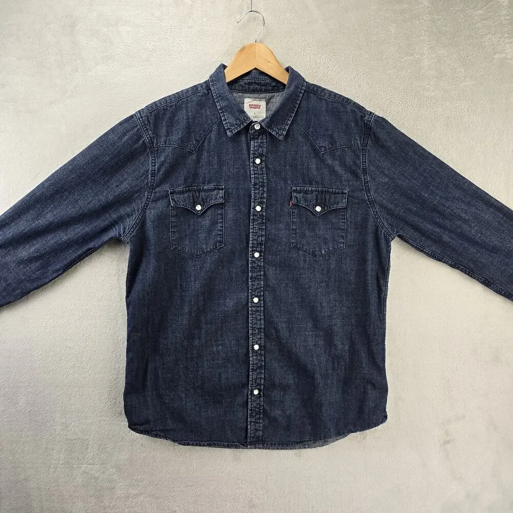 Levis Denim Pearl Snap Shirt Mens XL Blue Dark Wash Western Long Sleeve Pockets